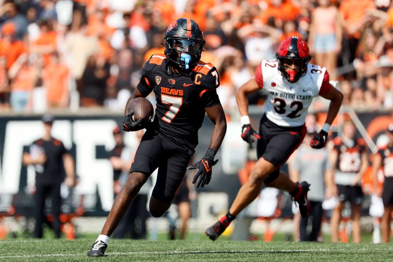 Sep 16, 2023; Corvallis, Oregon, USA; Oregon State Beavers wide receiver Silas Bolden (7) runs the ball during the second half against the San Diego State Aztecs at Reser Stadium. Mandatory Credit: Soobum Im-USA TODAY Sports