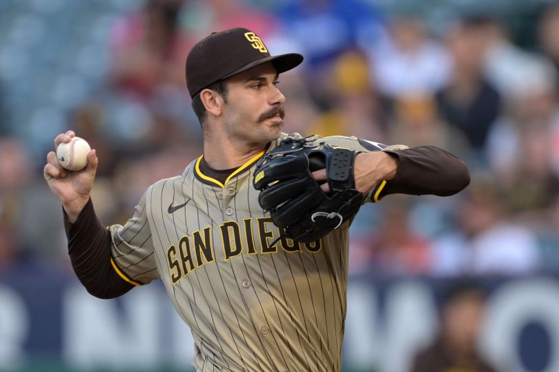 Jun 5, 2024; Anaheim, California, USA;  San Diego Padres starting pitcher Dylan Cease (84) delivers to the plate in the first inning against the Los Angeles Angels at Angel Stadium. Mandatory Credit: Jayne Kamin-Oncea-USA TODAY Sports