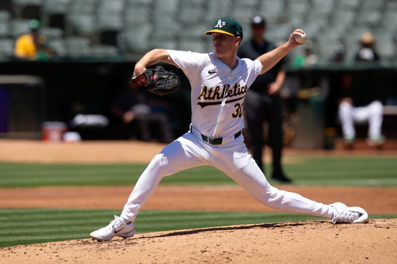 Jun 22, 2024; Oakland, California, USA; Oakland Athletics starting pitcher JP Sears (38) delivers against the Minnesota Twins during the second inning at Oakland-Alameda County Coliseum. Mandatory Credit: D. Ross Cameron-USA TODAY Sports