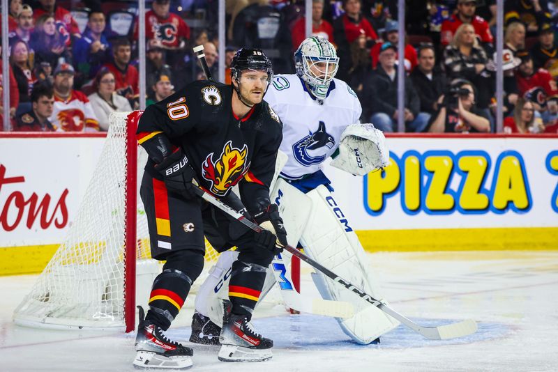 Dec 2, 2023; Calgary, Alberta, CAN; Calgary Flames center Jonathan Huberdeau (10) screens in front of Vancouver Canucks goaltender Thatcher Demko (35) during the second period at Scotiabank Saddledome. Mandatory Credit: Sergei Belski-USA TODAY Sports