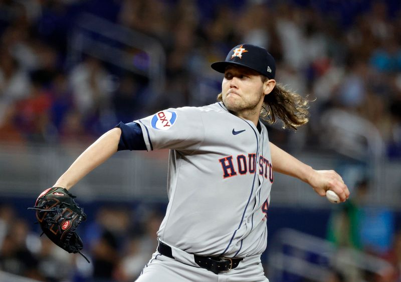 Aug 5, 2025; Miami, Florida, USA;  Houston Astros pitcher Steven Okert (48) pitches against the Miami Marlins pitcher during the second inning at loanDepot Park. Mandatory Credit: Rhona Wise-Imagn Images