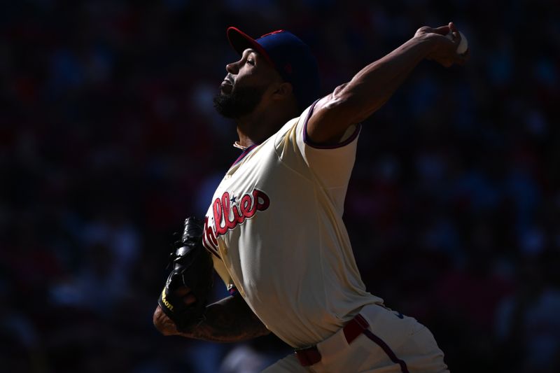 Sep 28, 2025; Philadelphia, Pennsylvania, USA; Philadelphia Phillies pitcher Cristopher Sánchez (61) throws a pitch during the second inning against the Minnesota Twins at Citizens Bank Park. Mandatory Credit: Eric Hartline-Imagn Images