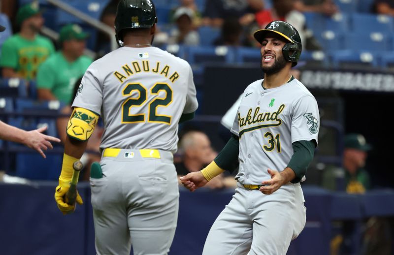 May 30, 2024; St. Petersburg, Florida, USA; Oakland Athletics third base Abraham Toro (31) is congratulated by outfielder Miguel Andujar (22) after scoring a run against the Tampa Bay Rays during the third inning at Tropicana Field. Mandatory Credit: Kim Klement Neitzel-USA TODAY Sports