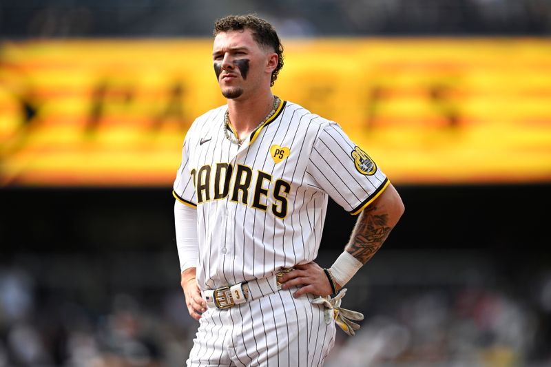 Aug 21, 2024; San Diego, California, USA; San Diego Padres center fielder Jackson Merrill (3) looks on during the first inning against the Minnesota Twins at Petco Park. Mandatory Credit: Orlando Ramirez-USA TODAY Sports