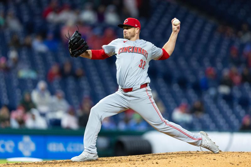 Apr 3, 2024; Philadelphia, Pennsylvania, USA; Cincinnati Reds relief pitcher Justin Wilson (32) throws a pitch during the sixth inning against the Philadelphia Phillies at Citizens Bank Park. Mandatory Credit: Bill Streicher-USA TODAY Sports