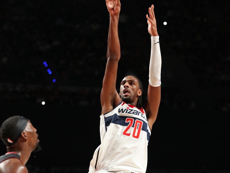 MEXICO CITY, MX - NOVEMBER 2: Alexandre Sarr #20 of the Washington Wizards shoots the ball during the game against the Miami Heat as part of 2024 NBA Mexico Games on November 2, 2024 in Mexico City, Mexico at Arena Ciudad de Mexico. NOTE TO USER: User expressly acknowledges and agrees that, by downloading and or using this photograph, User is consenting to the terms and conditions of the Getty Images License Agreement. Mandatory Copyright Notice: Copyright 2024 NBAE (Photo by Issac Baldizon/NBAE via Getty Images)