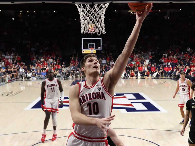 Feb 18, 2023; Tucson, Arizona, USA; Arizona Wildcats forward Azuolas Tubelis (10) makes a basket during the first half at McKale Center. Mandatory Credit: Zachary BonDurant-USA TODAY Sports