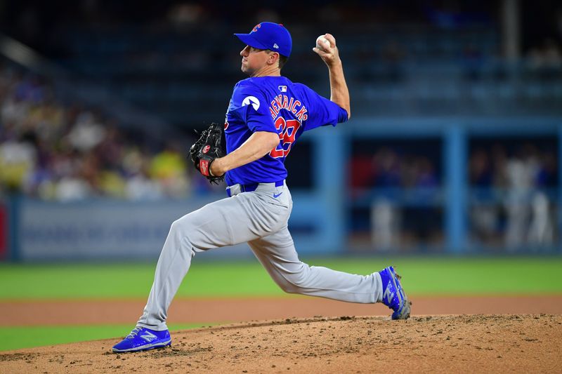 Sep 9, 2024; Los Angeles, California, USA; Chicago Cubs pitcher Kyle Hendricks (28) throws against the Los Angeles Dodgers during the third inning at Dodger Stadium. Mandatory Credit: Gary A. Vasquez-Imagn Images