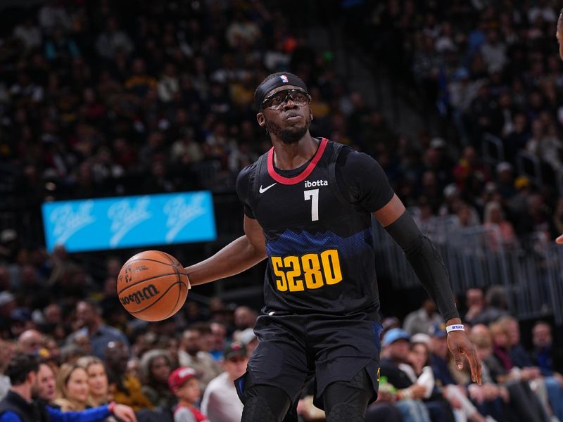 DENVER, CO - FEBRUARY 29: Reggie Jackson #7 of the Denver Nuggets handles the ball during the game against the Miami Heat on February 29, 2024 at the Ball Arena in Denver, Colorado. NOTE TO USER: User expressly acknowledges and agrees that, by downloading and/or using this Photograph, user is consenting to the terms and conditions of the Getty Images License Agreement. Mandatory Copyright Notice: Copyright 2024 NBAE (Photo by Bart Young/NBAE via Getty Images)