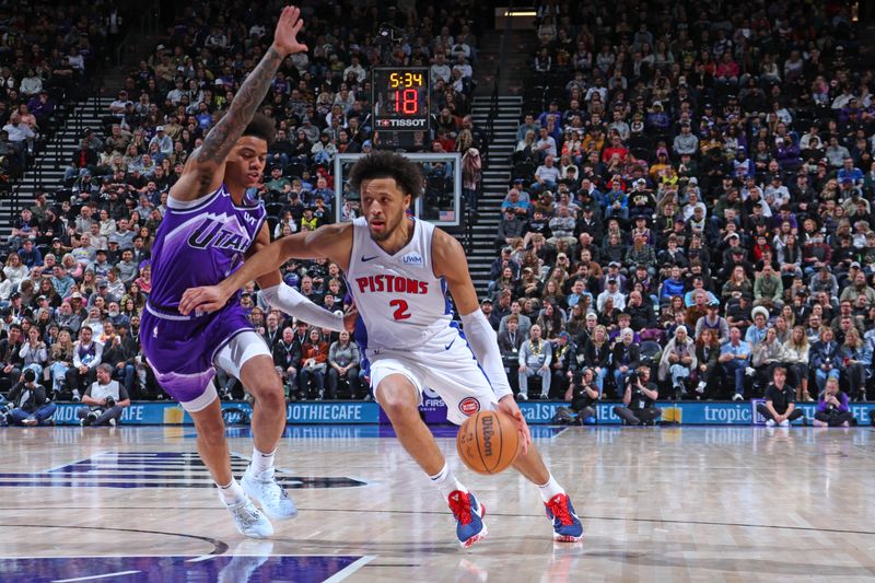 SALT LAKE CITY, UT - JANUARY 1: Cade Cunningham #2 of the Detroit Pistons dribbles the ball during the game against the Utah Jazz on January 1, 2024 at vivint.SmartHome Arena in Salt Lake City, Utah. NOTE TO USER: User expressly acknowledges and agrees that, by downloading and or using this Photograph, User is consenting to the terms and conditions of the Getty Images License Agreement. Mandatory Copyright Notice: Copyright 2023 NBAE (Photo by Melissa Majchrzak/NBAE via Getty Images)