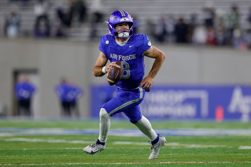 Oct 19, 2024; Colorado Springs, Colorado, USA; Air Force Falcons quarterback John Busha (3) looks to pass in the fourth quarter against the Colorado State Rams at Falcon Stadium. Mandatory Credit: Isaiah J. Downing-Imagn Images