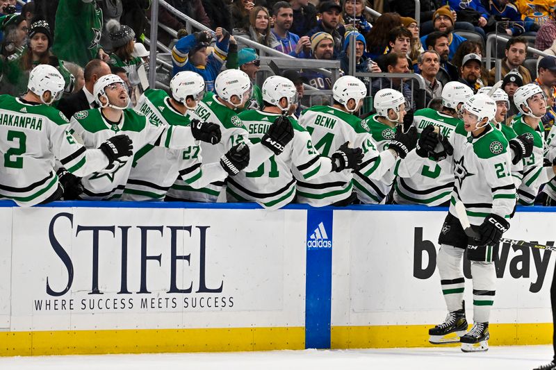 Dec 27, 2023; St. Louis, Missouri, USA;  Dallas Stars left wing Jason Robertson (21) is congratulated by teammates after scoring against the St. Louis Blues during the second period at Enterprise Center. Mandatory Credit: Jeff Curry-USA TODAY Sports