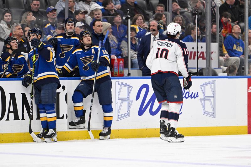 Jan 30, 2024; St. Louis, Missouri, USA; St. Louis Blues center Jordan Kyrou (25) and center Robert Thomas (18) look on after a goal from Columbus Blue Jackets left wing Dmitri Voronkov (10) during the third period at Enterprise Center. Mandatory Credit: Jeff Le-USA TODAY Sports