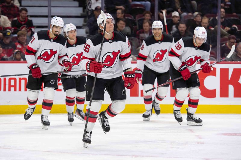 Oct 17, 2024; Ottawa, Ontario, CAN; New Jersey Devils left wing Erik Haula (56) skates to the bench after scoring a goal in the second period against the Ottawa Senators at the Canadian Tire Centre. Mandatory Credit: Marc DesRosiers-Imagn Images