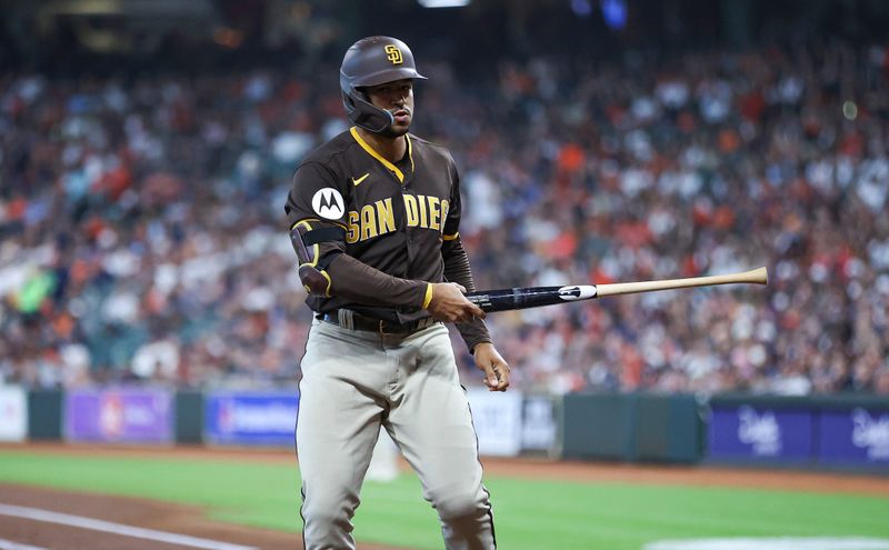 Sep 10, 2023; Houston, Texas, USA; San Diego Padres center fielder Trent Grisham (1) reacts after striking out during the second inning against the Houston Astros at Minute Maid Park. Mandatory Credit: Troy Taormina-USA TODAY Sports