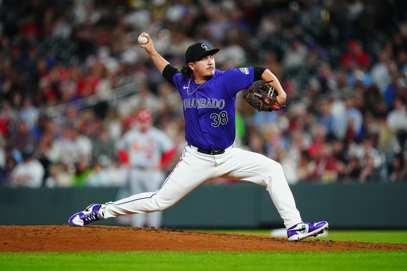 Sep 24, 2024; Denver, Colorado, USA; Colorado Rockies relief pitcher Victor Vodnik (38) pitches in the seventh inning against the St. Louis Cardinals at Coors Field. Mandatory Credit: Ron Chenoy-Imagn Images