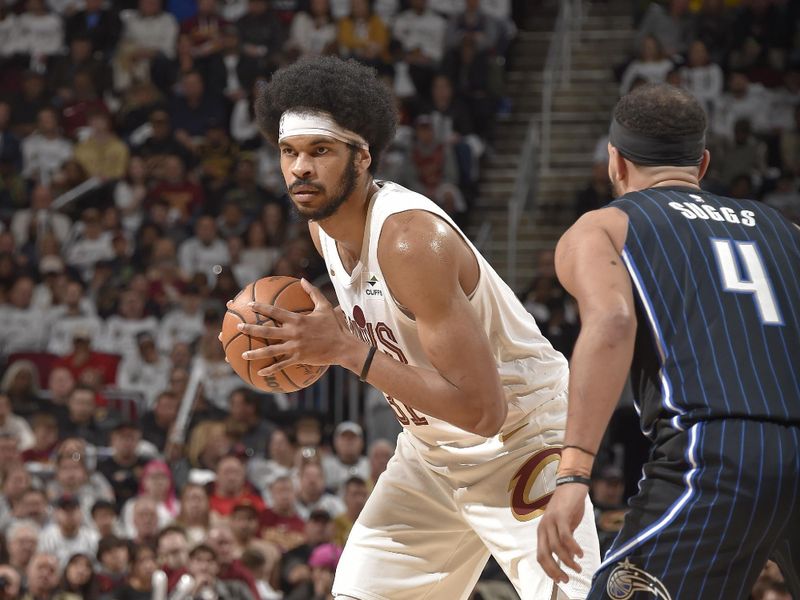 CLEVELAND, OH - APRIL 20: Jarrett Allen #31 of the Cleveland Cavaliers looks on during Round 1 Game 1 of the 2024 NBA Playoffs against the Orlando Magic on April 20, 2024 at Rocket Mortgage FieldHouse in Cleveland, Ohio. NOTE TO USER: User expressly acknowledges and agrees that, by downloading and/or using this Photograph, user is consenting to the terms and conditions of the Getty Images License Agreement. Mandatory Copyright Notice: Copyright 2024 NBAE (Photo by David Liam Kyle/NBAE via Getty Images)