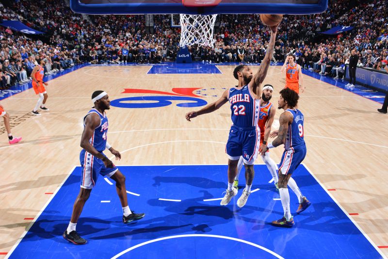 PHILADELPHIA, PA - APRIL 2: Cameron Payne #22 of the Philadelphia 76ers rebounds the ball during the game against the Oklahoma City Thunder on April 2, 2024 at the Wells Fargo Center in Philadelphia, Pennsylvania NOTE TO USER: User expressly acknowledges and agrees that, by downloading and/or using this Photograph, user is consenting to the terms and conditions of the Getty Images License Agreement. Mandatory Copyright Notice: Copyright 2024 NBAE (Photo by Jesse D. Garrabrant/NBAE via Getty Images)