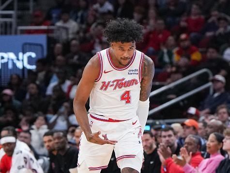 HOUSTON, TEXAS - DECEMBER 27: Jalen Green #4 of the Houston Rockets reacts after sinking a three point shot in the second half of the game against the Phoenix Suns at Toyota Center on December 27, 2023 in Houston, Texas. User expressly acknowledges and agrees that, by downloading and or using this photograph, User is consenting to the terms and conditions of the Getty Images License Agreement. (Photo by Alex Bierens de Haan/Getty Images)