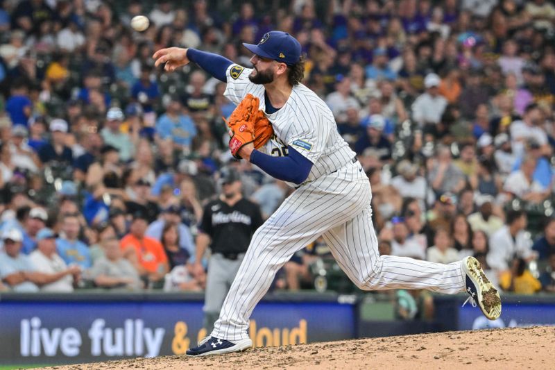 Jul 28, 2024; Milwaukee, Wisconsin, USA; Milwaukee Brewers pitcher Jake Junis (35) pitches in the fifth inning against the Miami Marlins at American Family Field. Mandatory Credit: Benny Sieu-USA TODAY Sports
