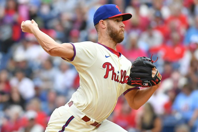 May 6, 2024; Philadelphia, Pennsylvania, USA; Philadelphia Phillies pitcher Zack Wheeler (45) throws a pitch during the first inning against the San Francisco Giants at Citizens Bank Park. Mandatory Credit: Eric Hartline-USA TODAY Sports