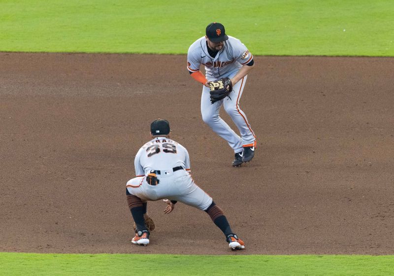 May 3, 2023; Houston, Texas, USA; San Francisco Giants third baseman J.D. Davis (7) fields a ground ball hit by Houston Astros third baseman Alex Bregman (not pictured) before throwing to first base for the out as Giants shortstop Thairo Estrada (39) backs up the play in the seventh inning at Minute Maid Park. Mandatory Credit: Thomas Shea-USA TODAY Sports