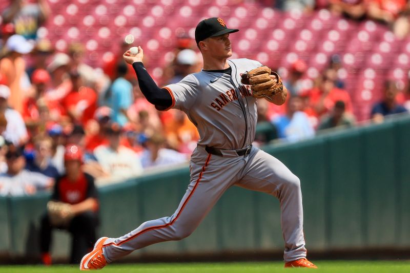 Aug 4, 2024; Cincinnati, Ohio, USA; San Francisco Giants third baseman Matt Chapman (26) throws to second to get Cincinnati Reds second baseman Jonathan India (not pictured) out in the third inning at Great American Ball Park. Mandatory Credit: Katie Stratman-USA TODAY Sports