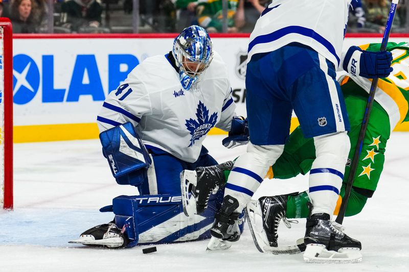 Nov 3, 2024; Saint Paul, Minnesota, USA; Toronto Maple Leafs goaltender Anthony Stolarz (41) makes a save during the second period against the Minnesota Wild at Xcel Energy Center. Mandatory Credit: Brace Hemmelgarn-Imagn Images