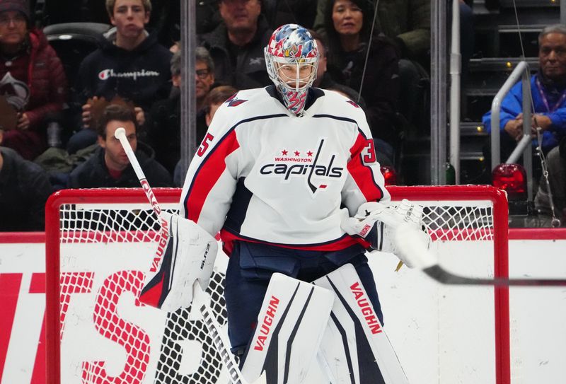 Jan 24, 2023; Denver, Colorado, USA; Washington Capitals goaltender Darcy Kuemper (35) during the first period against the Colorado Avalanche at Ball Arena. Mandatory Credit: Ron Chenoy-USA TODAY Sports