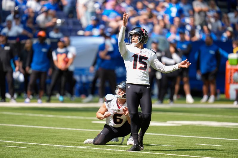 Houston Texans place kicker Ka'imi Fairbairn (15) during the second half of an NFL football game against the Indianapolis Colts, Sunday, Sept. 8, 2024, in Indianapolis. (AP Photo/Michael Conroy)