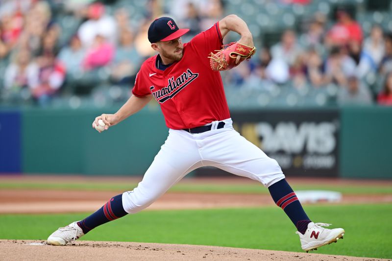 Sep 16, 2023; Cleveland, Ohio, USA; Cleveland Guardians starting pitcher Tanner Bibee (61) throws a pitch during the first inning against the Texas Rangers at Progressive Field. Mandatory Credit: Ken Blaze-USA TODAY Sports