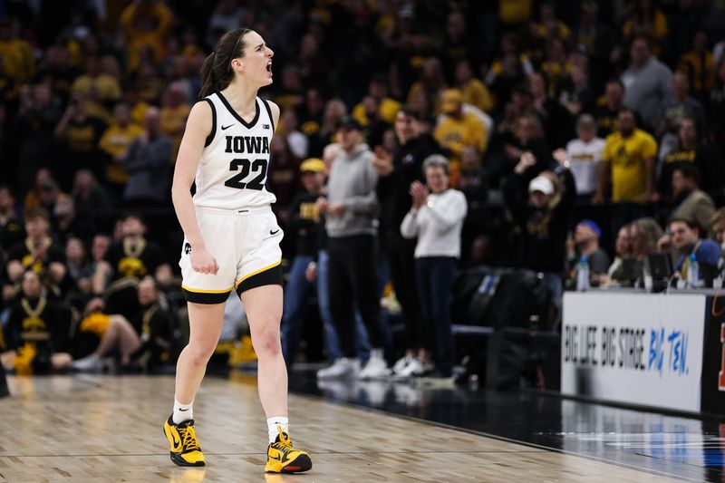 Mar 5, 2023; Minneapolis, MINN, USA; Iowa Hawkeyes guard Caitlin Clark (22) celebrates during the second half against the Ohio State Buckeyes at Target Center. Mandatory Credit: Matt Krohn-USA TODAY Sports