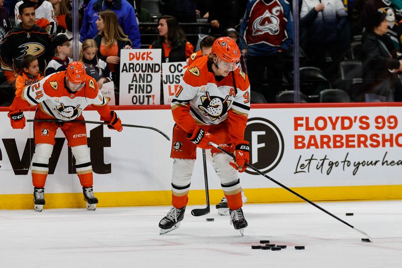 Nov 11, 2025; Denver, Colorado, USA; Anaheim Ducks center Leo Carlsson (91) before the game against the Colorado Avalanche at Ball Arena. Mandatory Credit: Isaiah J. Downing-Imagn Images