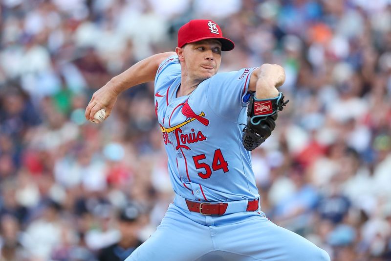 Aug 24, 2024; Minneapolis, Minnesota, USA; St. Louis Cardinals starting pitcher Sonny Gray (54) delivers a pitch against the Minnesota Twins during the first inning at Target Field. Mandatory Credit: Matt Krohn-USA TODAY Sports