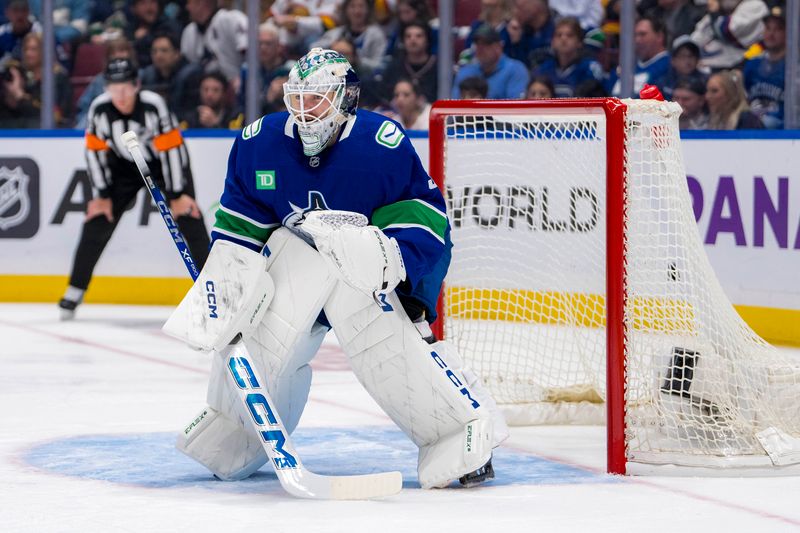 Apr 21, 2024; Vancouver, British Columbia, CAN; Vancouver Canucks goalie Thatcher Demko (35) in the net against the Nashville Predators in the second period in game one of the first round of the 2024 Stanley Cup Playoffs at Rogers Arena. Mandatory Credit: Bob Frid-USA TODAY Sports