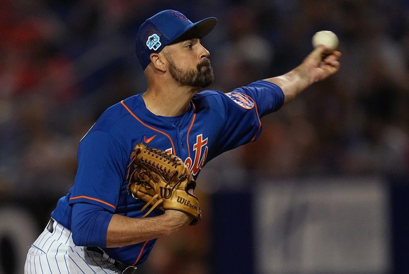 Feb 25, 2023; Port St. Lucie, Florida, USA;  New York Mets pitcher T. J. McFarland pitches against the Miami Marlins in the forth inning at Clover Park. Mandatory Credit: Jim Rassol-USA TODAY Sports