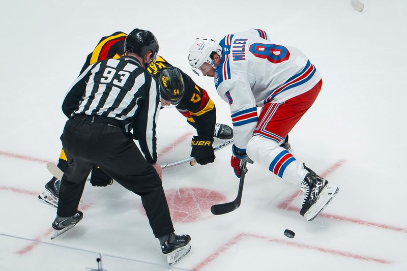 Oct 28, 2025; Vancouver, British Columbia, CAN; New York Rangers forward J.T. Miller (8) faces off against Vancouver Canucks forward Aatu Raty (54) in the first period at Rogers Arena. Mandatory Credit: Bob Frid-Imagn Images
