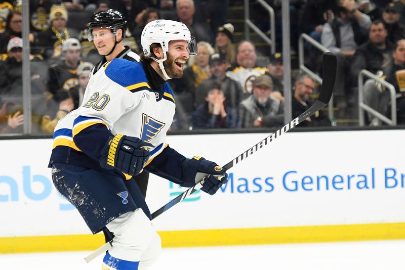 Mar 11, 2024; Boston, Massachusetts, USA;  St. Louis Blues left wing Brandon Saad (20) reacts after scoring a goal during the second period against the Boston Bruins at TD Garden. Mandatory Credit: Bob DeChiara-USA TODAY Sports