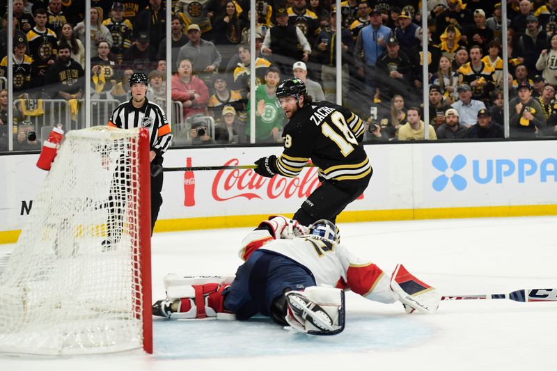 May 17, 2024; Boston, Massachusetts, USA; Boston Bruins center Pavel Zacha (18) scores a goal past Florida Panthers goaltender Sergei Bobrovsky (72) during the first period in game six of the second round of the 2024 Stanley Cup Playoffs at TD Garden. Mandatory Credit: Bob DeChiara-USA TODAY Sports