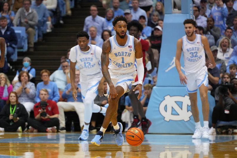 Jan 21, 2023; Chapel Hill, North Carolina, USA;  North Carolina Tar Heels forward Leaky Black (1) leads the fast break in the second half at Dean E. Smith Center. Mandatory Credit: Bob Donnan-USA TODAY Sports