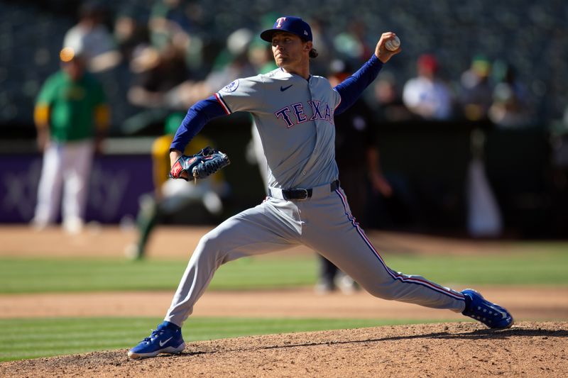 May 8, 2024; Oakland, California, USA; Texas Rangers pitcher Jacob Latz (67) delivers a pitch against the Oakland Athletics during the fifth inning at Oakland-Alameda County Coliseum. Mandatory Credit: D. Ross Cameron-USA TODAY Sports