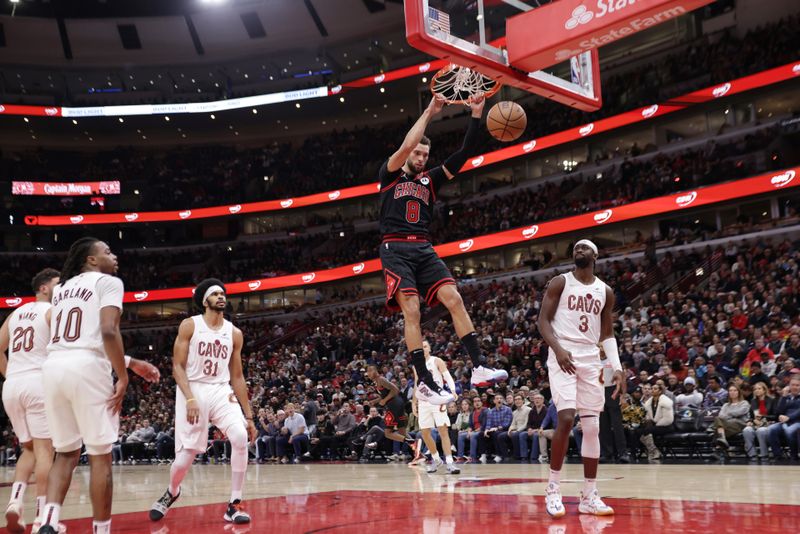 CHICAGO, ILLINOIS - NOVEMBER 11: Zach LaVine #8 of the Chicago Bulls dunks the ball during the first quarter against the Cleveland Cavaliers at the United Center on November 11, 2024 in Chicago, Illinois. NOTE TO USER: User expressly acknowledges and agrees that, by downloading and or using this photograph, User is consenting to the terms and conditions of the Getty Images License Agreement. (Photo by Geoff Stellfox/Getty Images)