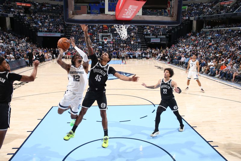 MEMPHIS, TN - OCTOBER 30: Ja Morant #12 of the Memphis Grizzlies drives to the basket during the game against the Brooklyn Nets on October 30, 2024 at FedExForum in Memphis, Tennessee. NOTE TO USER: User expressly acknowledges and agrees that, by downloading and or using this photograph, User is consenting to the terms and conditions of the Getty Images License Agreement. Mandatory Copyright Notice: Copyright 2024 NBAE (Photo by Joe Murphy/NBAE via Getty Images)