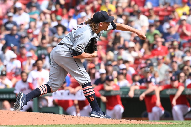 Jun 2, 2024; Boston, Massachusetts, USA;  Detroit Tigers pitcher Andrew Chafin (17) pitches against the Boston Red Sox during the ninth inning at Fenway Park. Mandatory Credit: Eric Canha-USA TODAY Sports