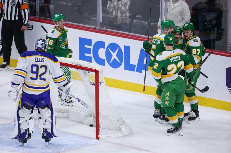 Nov 29, 2025; Saint Paul, Minnesota, USA; Minnesota Wild left wing Kirill Kaprizov (97) celebrates his goal against the Buffalo Sabres during the first period at Grand Casino Arena. Mandatory Credit: Matt Krohn-Imagn Images