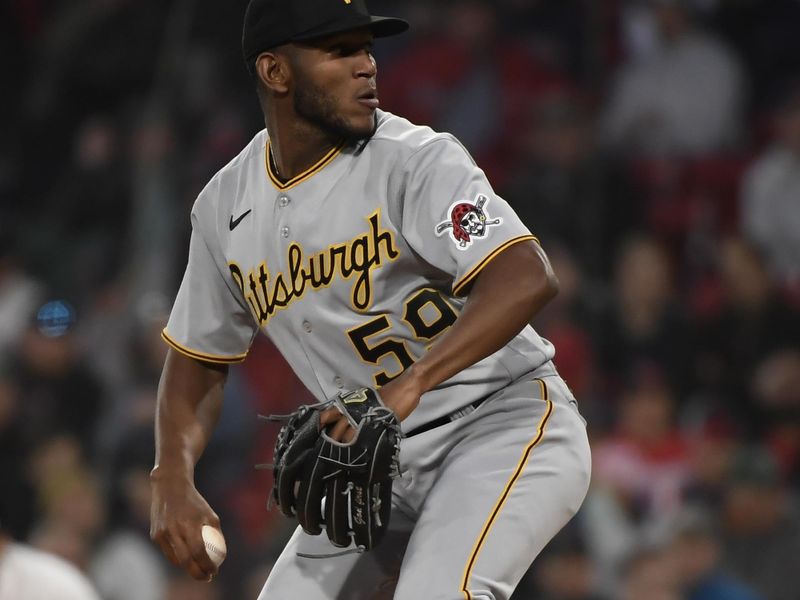 Apr 4, 2023; Boston, Massachusetts, USA;  Pittsburgh Pirates starting pitcher Roansy Contreras (59) pitches during the first inning against the Boston Red Sox at Fenway Park. Mandatory Credit: Bob DeChiara-USA TODAY Sports