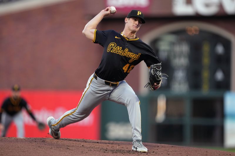 Apr 26, 2024; San Francisco, California, USA; Pittsburgh Pirates starting pitcher Quinn Priester (46) throws a pitch against the San Francisco Giants during the first inning at Oracle Park. Mandatory Credit: Darren Yamashita-USA TODAY Sports