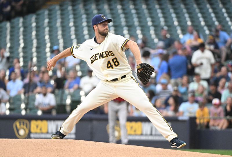 Jun 20, 2023; Milwaukee, Wisconsin, USA; Milwaukee Brewers starting pitcher Colin Rea (48) delivers a pitch against the Arizona Diamondbacks in the first inning at American Family Field. Mandatory Credit: Michael McLoone-USA TODAY Sports