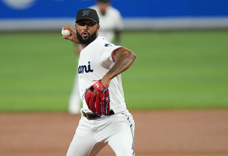 Apr 16, 2023; Miami, Florida, USA;  Miami Marlins starting pitcher Sandy Alcantara (22) pitches against the Arizona Diamondbacks in the first inning at loanDepot Park. Mandatory Credit: Jim Rassol-USA TODAY Sports