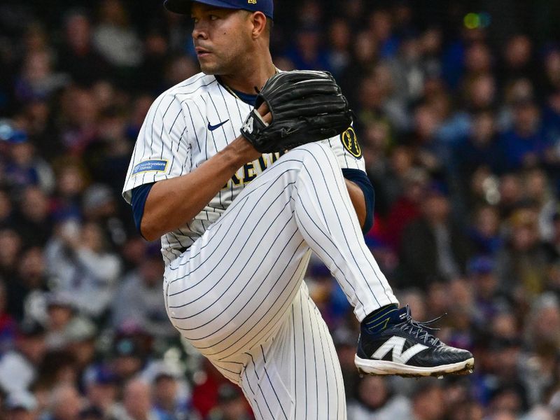 May 3, 2025; Milwaukee, Wisconsin, USA;  Milwaukee Brewers starting pitcher Jose Quintana (62) throws a pitch in the first inning against the Chicago Cubs at American Family Field. Mandatory Credit: Benny Sieu-Imagn Images